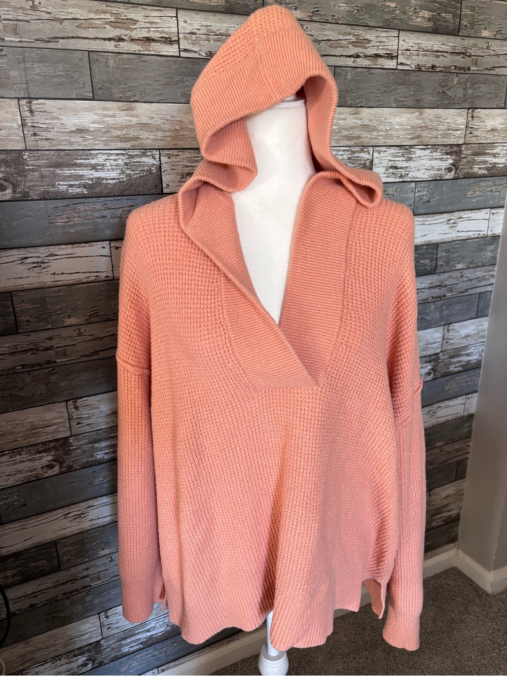 Aerie Peach Soft Brushed Waffle Knit Hooded Cowl Neck Relaxed Fit Women’s Size M